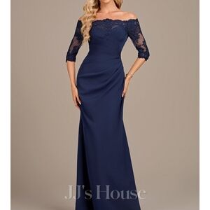 JJs House Elegant Navy Off-Shoulder Gown